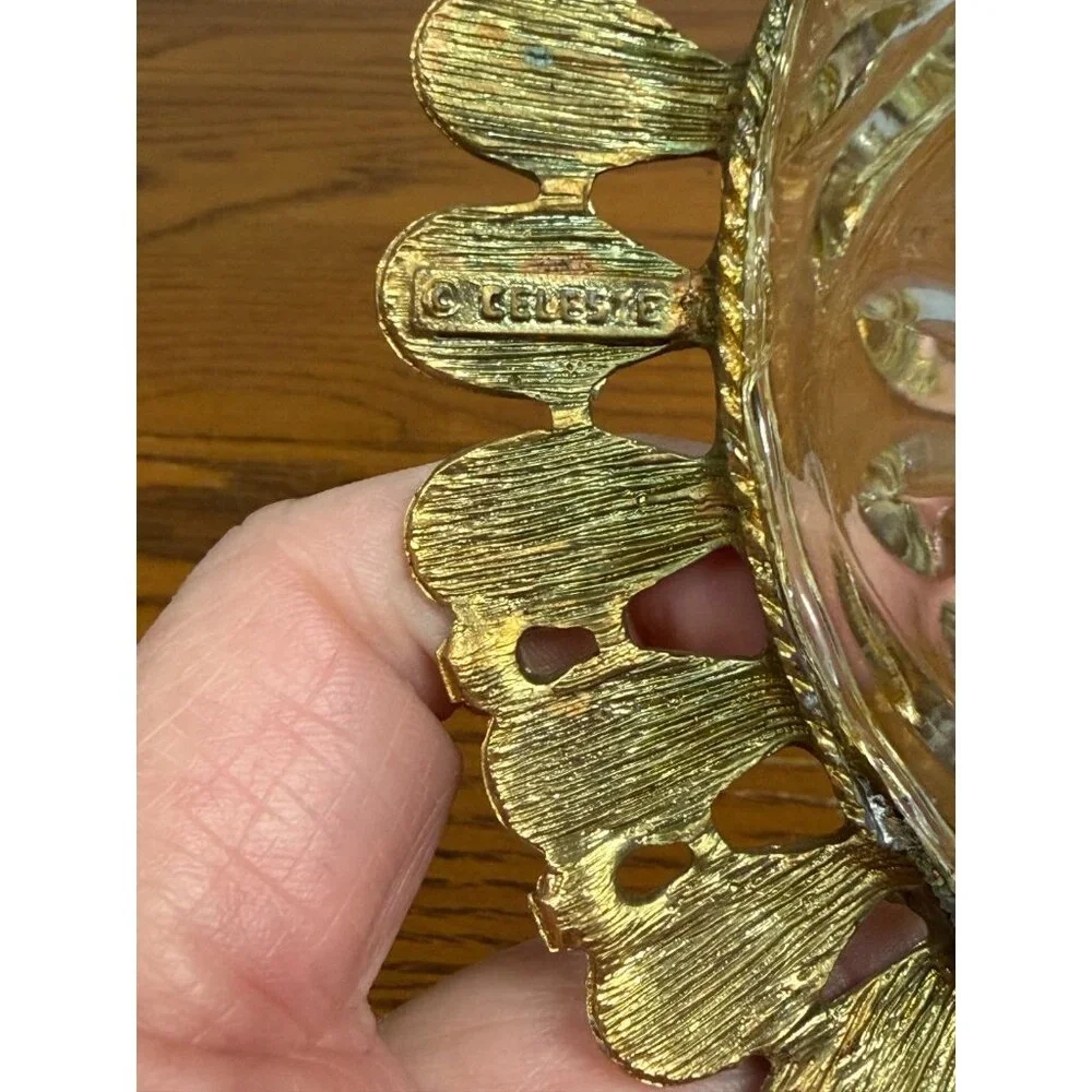 Celeste Gold‎ Tone Metal Leaf Filigree Cut Glass Trinket Bowl Vintage